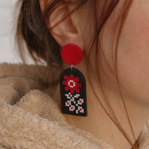 Black, Red and White Statement Arch Embroidery Earrings, Cross Stitch Earrings, Floral Arch Earrings, Floral Embroidery Ethnic Earrings