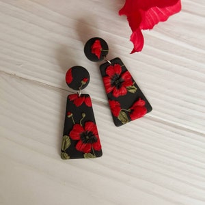 Black Earrings With Poppies, Poppy Field, Statement Dangle Black Earrings, Red Poppy Earrings, Earrings For Summer, Poppy Stud Earrings