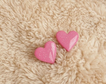 Pink Heart Stud Earrings: Shimmering Polymer Clay, Hypoallergenic stainless steel, Valentines Gift for Her