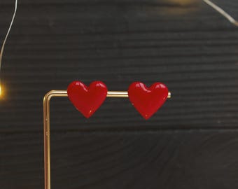 Red Heart Earrings, Red Valentines Earrings, Romantic Earrings, Glossy Red Heart Stud Earrings, Polymer Clay Earrings, Romantic Jewelry