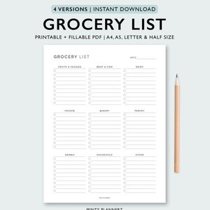 Lebensmittelgeschäft Liste zum Ausdrucken, Einkaufsliste & Checkliste für Lebensmittel, Einkaufsplan, Lebensmittelliste, A4, A5, Letter, Half Size, digitaler Download PDF