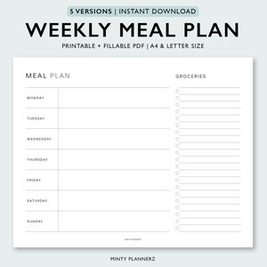 Weekly Meal Planner with Grocery List, Meal Plan Template, Food Planner and Shopping List, Dinner Menu Planner, A4, Letter, Digital Download
