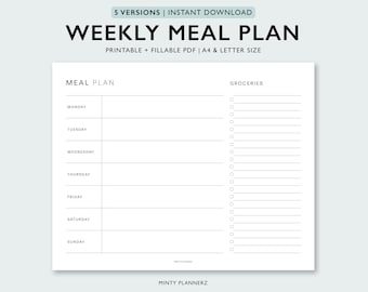 Weekly Meal Planner with Grocery List, Meal Plan Template, Food Planner and Shopping List, Dinner Menu Planner, A4, Letter, Digital Download