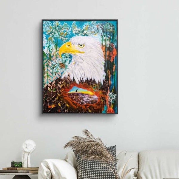 Eagle Oil Painting Original, Cactus Artwork, Canyon landscape, Eagle Portrait, Eagle Fine Art, American Eagle, American Symbol painting
