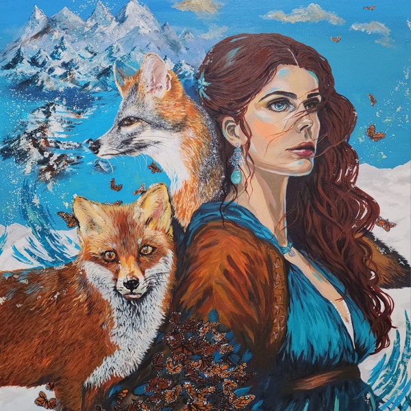 Foxes Oil Painting Original, Foxes Artwork, Sierra Nevada landscape, Fox Portrait, Fox Fine Art, Snow, Woman Portrait, Blue painting,