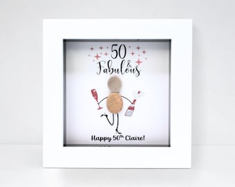 Personalised 50th Birthday Gift Pebble Art Frame - 50 & Fabulous Gift for Her, Mum or Friend