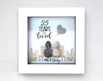 Personalised 25th Anniversary Pebble Art Frame – Silver Wedding Anniversary Gift for Couple, Wife, Husband or Parents