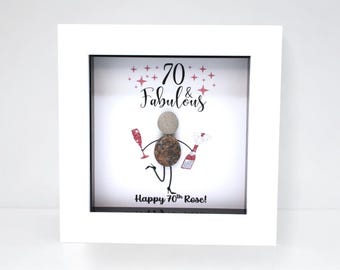 Personalised 70th Birthday Gift Pebble Art Frame – 70 & Fabulous Gift for Her, Mum, Nan or Friend