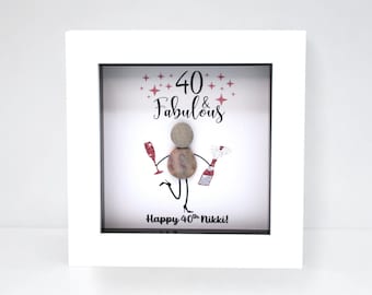 Personalised 40th Birthday Gift Pebble Art Frame – 40 & Fabulous Gift for Her, Mum, Nan or Friend