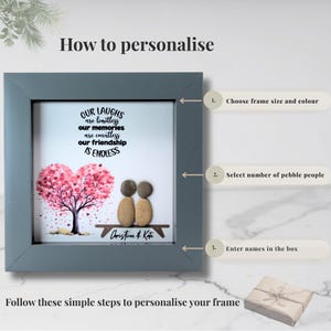 May include: A framed artwork with a gray border features a heart-shaped tree with pink leaves. Two pebble figures sit on a bench. The text reads "OUR LAUGHS are limitless, our memories are countless, our friendship IS ENDLESS."