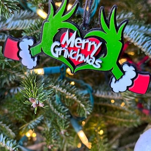 Grinch Heart Hands Ornament, Grinch Ornament, Personalized Grinch, The Grinch, Stocking Tag, Christmas Decor Christmas Sign Grinch Decor