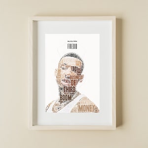 May include: A black and white word art portrait of a person with the text "Fredo 04/03/1994" at the top. The portrait is made up of words related to music and hip hop, including "Avenue", "100", "Business", "Boom", "Money", and "Third".