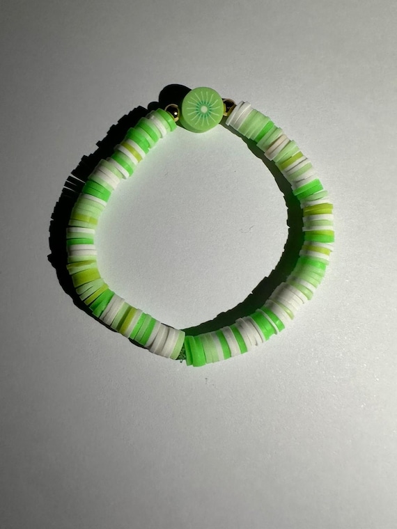 Cute Green Clay Beads Bracelet With Green Kiwi and Gold Beads Prettynbeaded  