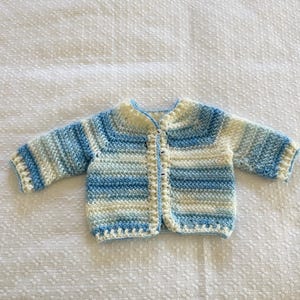 Blue and White Newborn Baby Knitted Cardigan, Baby Sweater, Baby Blue Cardigan, 0-3 Months Handmade Baby Boy Cardigan