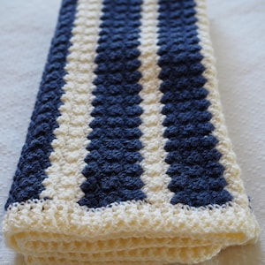 Hand-Crocheted Striped Baby Blanket | Navy & Cream | Soft Cozy Newborn Gift