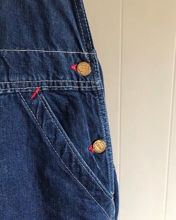 Vintage Union Made Owden Sanforized Bib Overalls, Dark Wash Denim