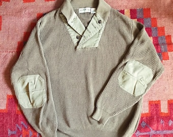 Vintage Military Style Shawl Collar Orvis Sweater, Olive Army Green