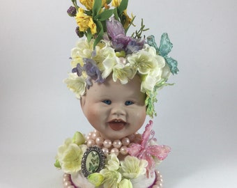Art Assemblage Handmade Porcelain Happy Baby Doll Flowers Butterflies Beads