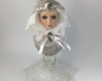 Art Assemblage Handmade Porcelain Doll Silver White Feathers 13 in