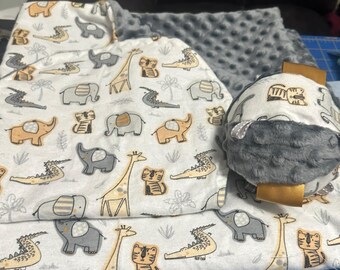 Gender Neutral Baby Gift Set: Minky Blanket, Burp Cloth & Sensory Tag Toy