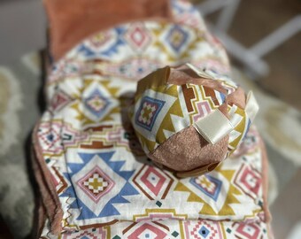 Baby Girl Gift Set; Minky Blanket, Burp Cloth & Sensory Tag Toy