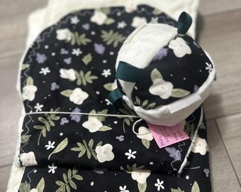 Floral Girl Baby Gift Set: Nursery Minky Blanket, Burp Cloth & Sensory Tag Toy
