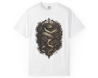 Verziertes Coiled Snake T-Shirt | Gothic Blumenkamm | Dunkles ästhetisches grafisches T-Shirt | Grunge Street Kleidung | DarkVibe Geschenk
