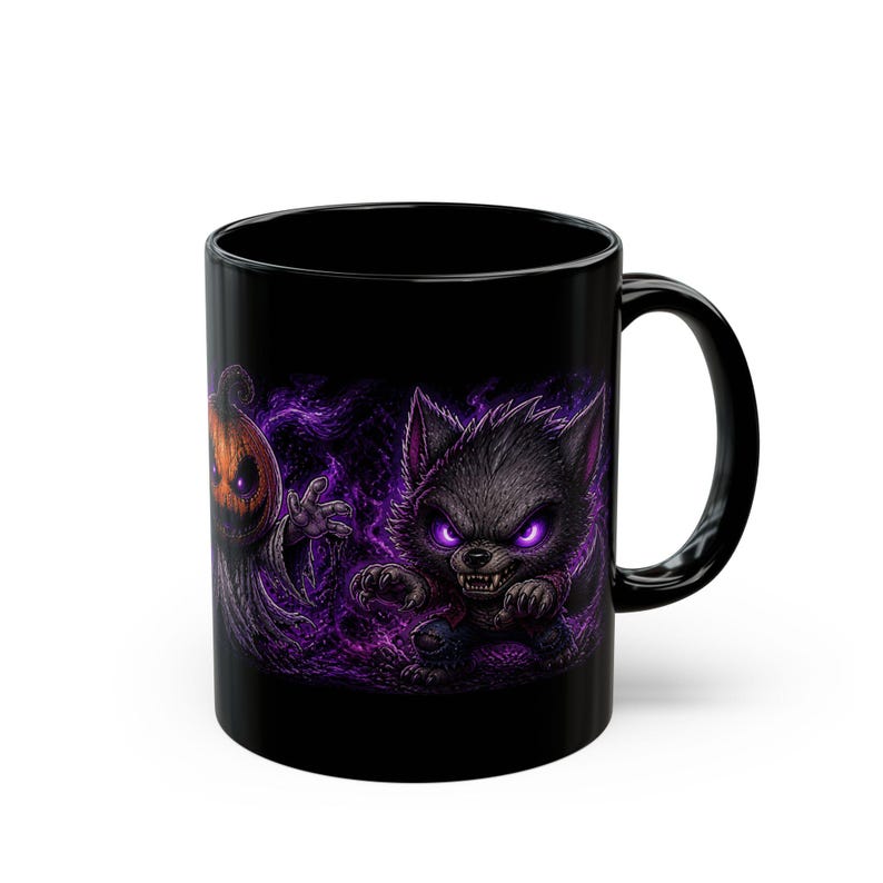 Tasse effrayante de citrouille et de loup-garou | Tasse à café d'Halloween en céramique noire image 2