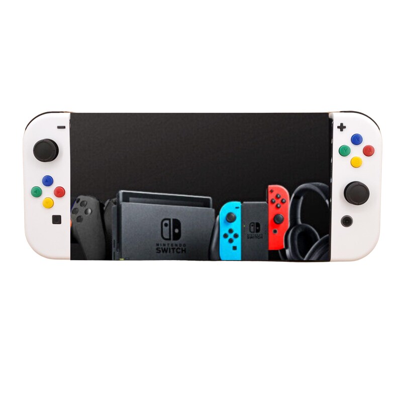 May include: A white Nintendo Switch console with colourful buttons on the controllers. The console is displaying a black screen with images of other Nintendo Switch controllers and a Nintendo Switch dock.