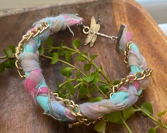 Upcycled Ribbon Bracelet with Dragon Fly Charm - Spring Bracelet, Fabric Bracelet, Unique Gifts for Her, Gifts for Mom