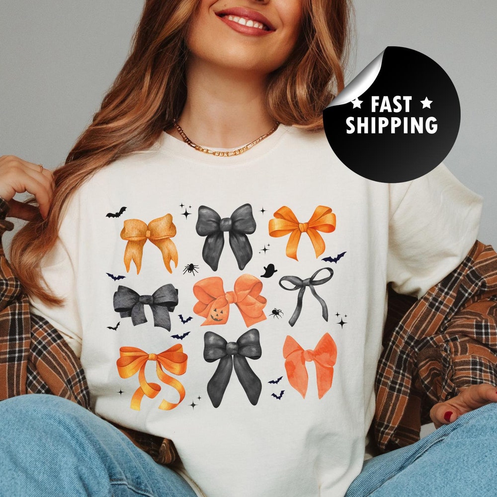 Bow Shirt Coquette Halloween Bow Shirt, Halloween Outfit, Bows Shirt For Halloween, Halloween Teacher Shirt, Cute Halloween Costume, Halloween Gift Bow Shirt Halloween Unisex Style Peckshirt
