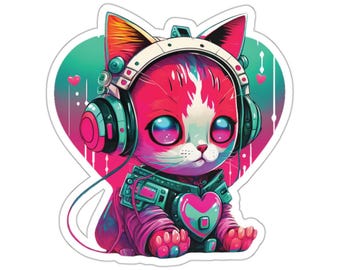Könnte beinhalten: Eine rosa und weiße Comic-Katze mit Kopfhörern und einem herzförmigen Bruststück. Die Katze sitzt auf einem rosa und blauen Hintergrund mit Herzen und Linien.