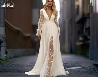 Simple Boho High Slit Wedding Dress, Tulle Puff Sleeve Backless Bridal Dress, Unique Lace Wedding Dress, Long Pleated White Gown for Brides