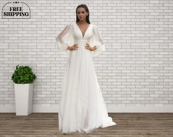 Einzigartiges Puffärmel-Hochzeitskleid, lässiges einfaches Strandhochzeitskleid, weißes Empire-Taillen-Brautkleid, elegantes rückenfreies plissiertes Brautkleid