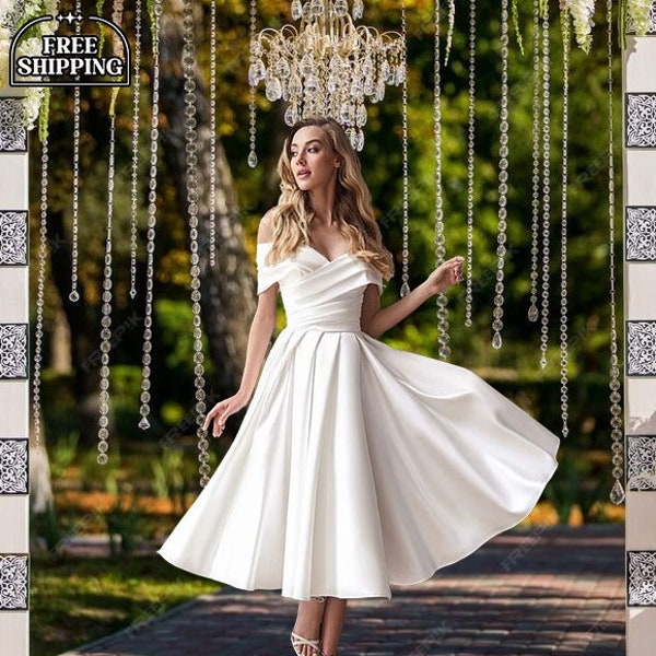 Simple Civil Midi Wedding Dress, Elegant Unique Wedding Dress, Elopement Bridal White Satin Dress, A Line Off Shoulder Pleated Skater Gown