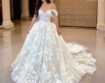 Fairytale Floral Lace Wedding Dress, Unique Boho Wedding Dress, Elegant Bridal White Tulle Dress, A Line Floor Length Off Shoulder Ball Gown