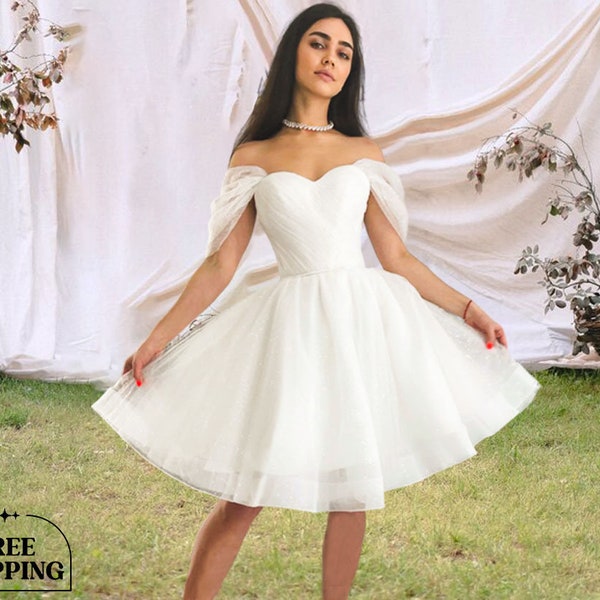Sequin Tulle Wedding Dress, Unique Short Fairy Wedding Dress, Elopement Elegant Bridal Dress, Off the Shoulder Backless Corset Pleated Dress