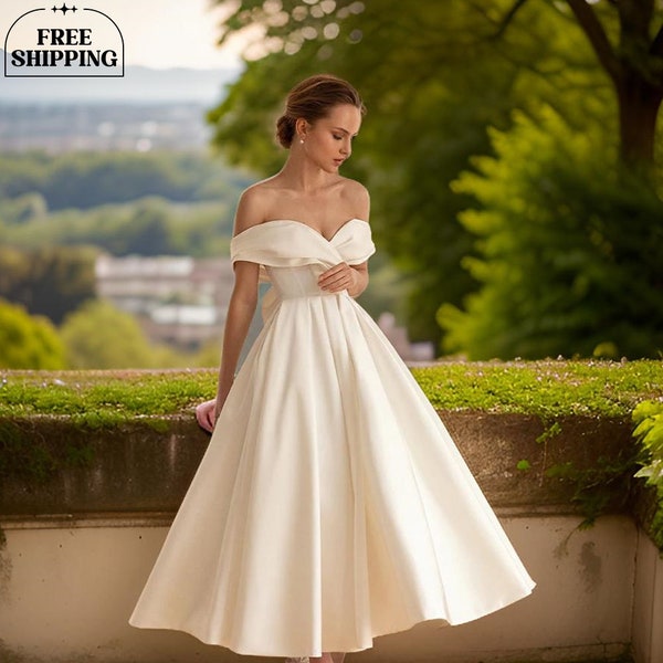 Midi Civil Simple Wedding Dress, Elopement Backless Satin Dress, Elegant Unique Wedding Dress, A Line Back Bow Pleated Skater Gown for Bride