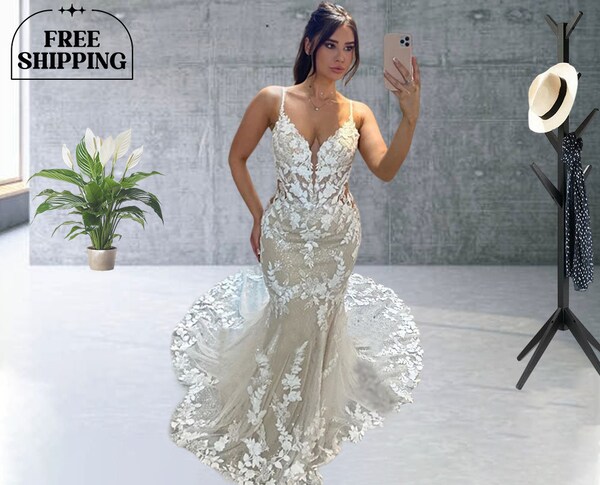 Elegant Lace Mermaid Wedding Gown  Sweetheart Sleeveless Backless Floor Length Bride Dress Sweep Train Custom Made