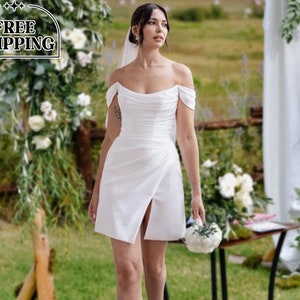 Elopement Simple Mini Wedding Dress, Fairy Bridal Short Wedding Dress, Elegant Backless White Dress, Unique Side Slit off the Shoulder Dress