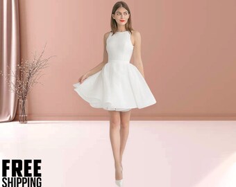 Mini Simple Civil Wedding Dress, Unique Courthouse Wedding Dress, Elopement Bridal Reception Dress, Elegant Backless White Short Retro Dress