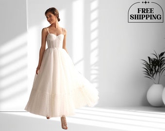 Midi Korsett Brautkleid, Elopement Einzigartiges Brautkleid, Elegantes Fee Backless Brautkleid, Tüll Spaghetti-Trägern Skater Kurzes Kleid