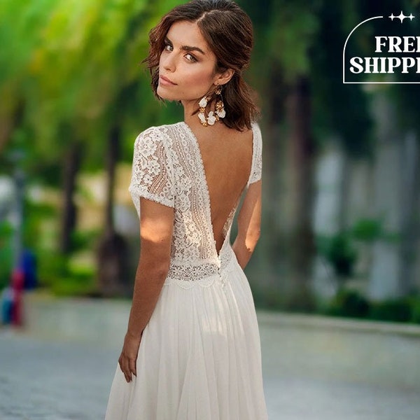 Boho Beach Backless Wedding Dress, Elegant Floral Lace Bridal Dress, Simple Unique Wedding Dress, Floor Length High Waist A-Line Womens Gown