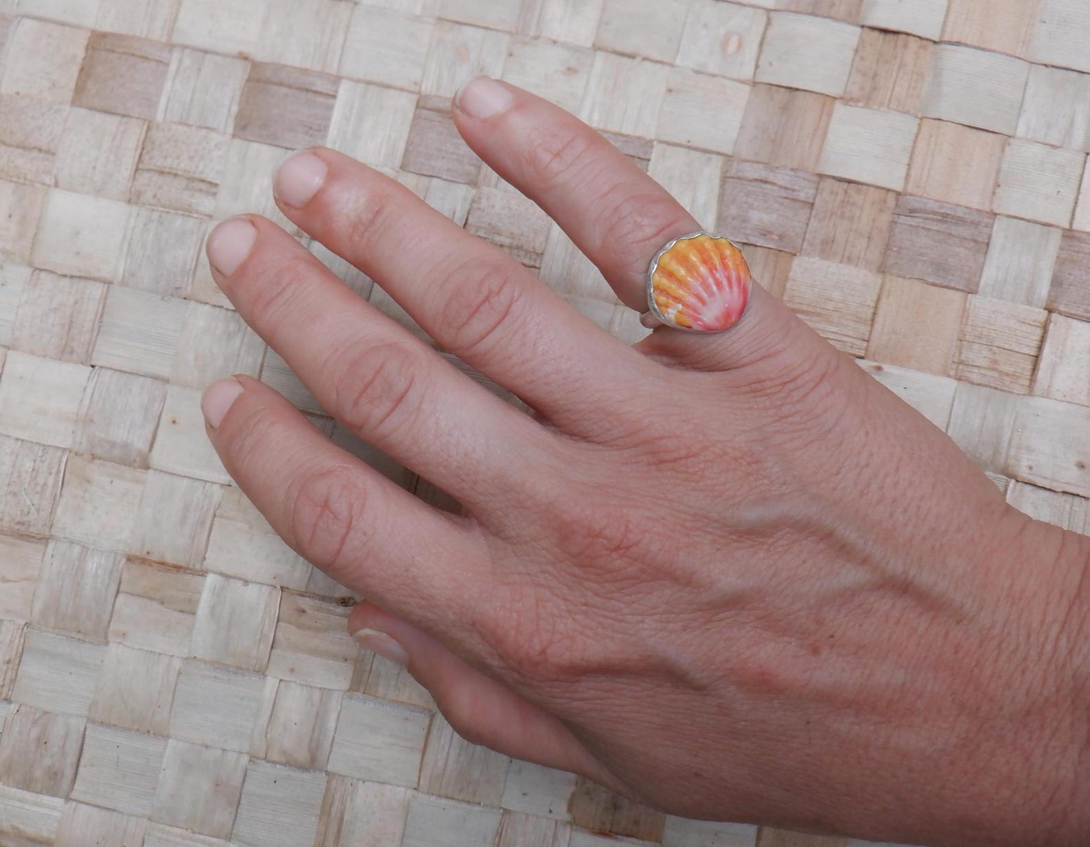 Hawaiian Sunrise Shell Ring With Sterling Silver Bezel and Patterned ...