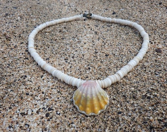 Hawaiian Puka Shell Lei with Sunrise Shell Pendant in Sterling Silver Bezel - Kauai