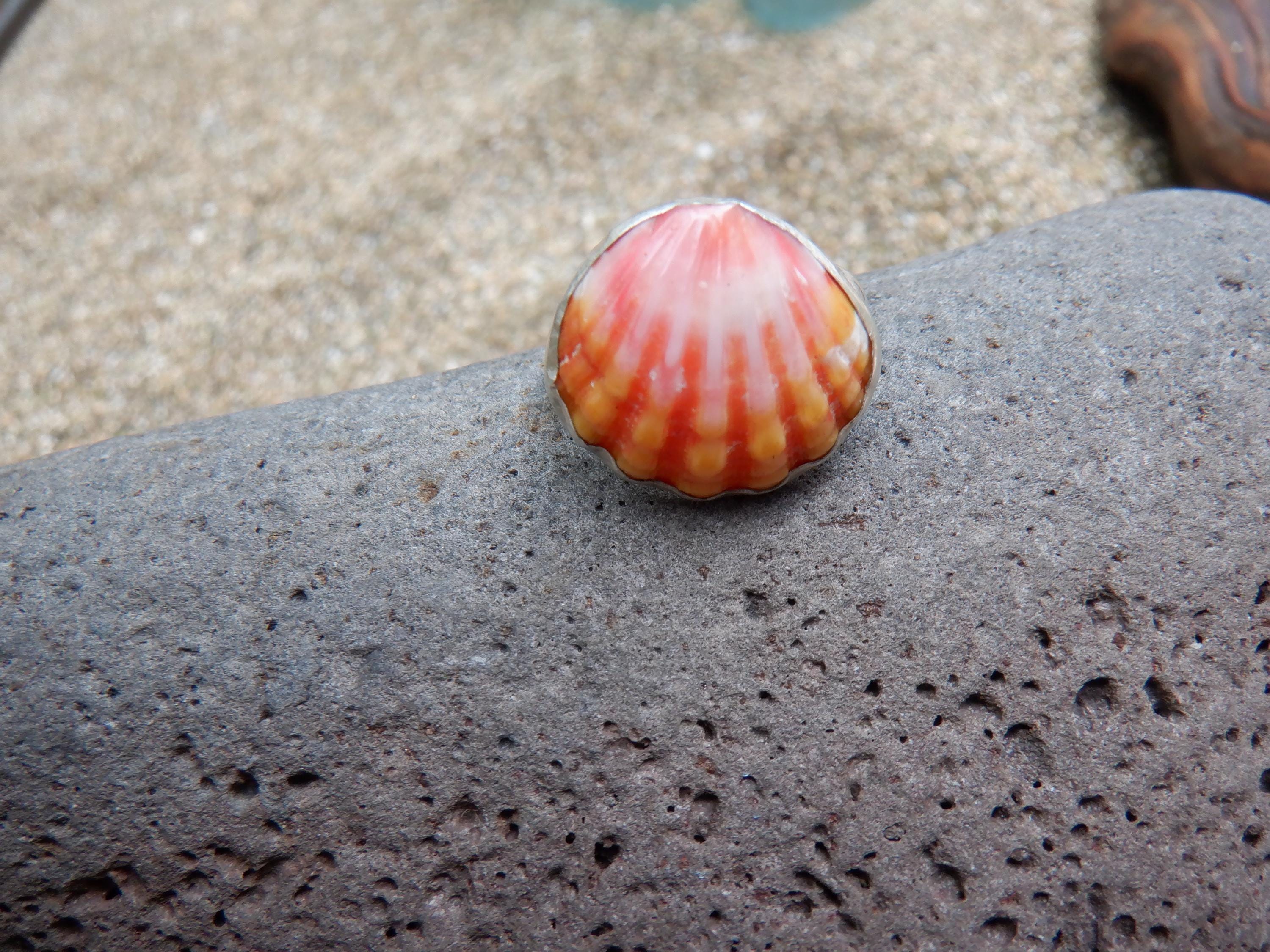 Hawaiian Sunrise Shell Ring With Sterling Silver Bezel and Patterned ...