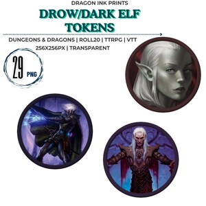 29 DnD Drow/Dark Elf Tokens [VTT, DnD, Roll20, TTRPG]