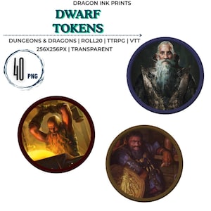 May include: Digital set of 40 PNG dwarf tokens for Dungeons & Dragons, Roll20, TTRPG, and VTT. The image displays text reading DRAGON INK PRINTS, DWARF TOKENS, DUNGEONS & DRAGONS | ROLL20 | TTRPG | VTT, 256X256PX | TRANSPARENT, and 40 PNG.
