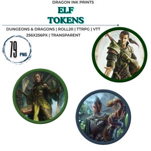 May include: A digital collection of 79 PNG elf tokens for tabletop role-playing games. The set includes circular character portraits featuring various elf figures in detailed armor and fantasy attire, presented with transparent backgrounds.