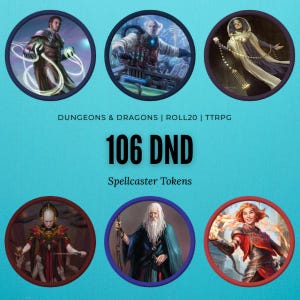 Puede incluir: Seis fichas de personajes de fantasía circulares, cada una con una ilustración única. Las fichas presentan una gama de colores y estilos. El texto "106 DND Spellcaster Tokens" se muestra debajo, con texto adicional arriba.